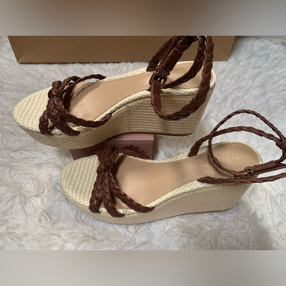 New Antonio Melani Brown Platform Leather Braided Ankle Strap Wedges Size 9.5